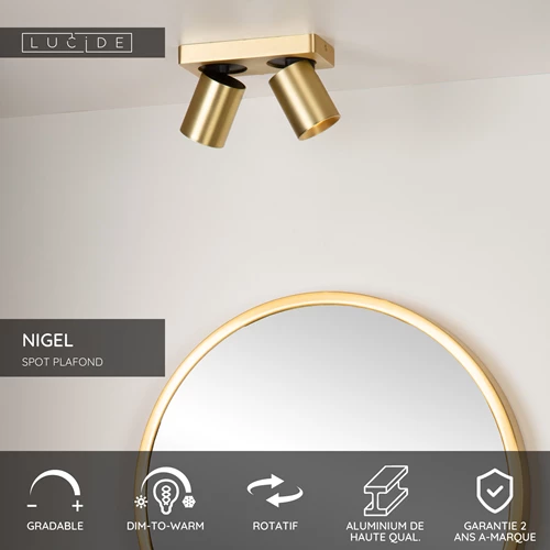 Lucide NIGEL - Spot plafond - LED Dim to warm - GU10 - 2x5W 2200K/3000K - Or Mat / Laiton - USP
